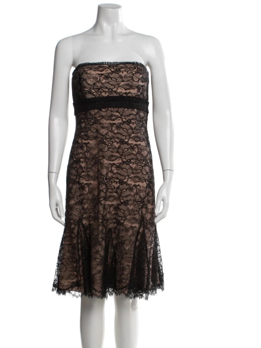 Badgley Mischka Strapless Black Nude Lace Cocktail Dress Midi Size 8